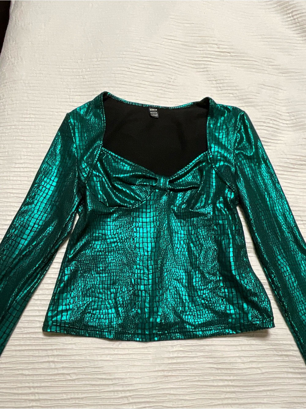 SHEIN Metallic Green Long Sleeve Square Neck Top